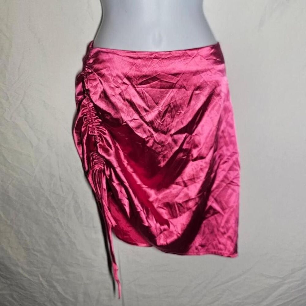 hot pink satin ruched side mini skirt